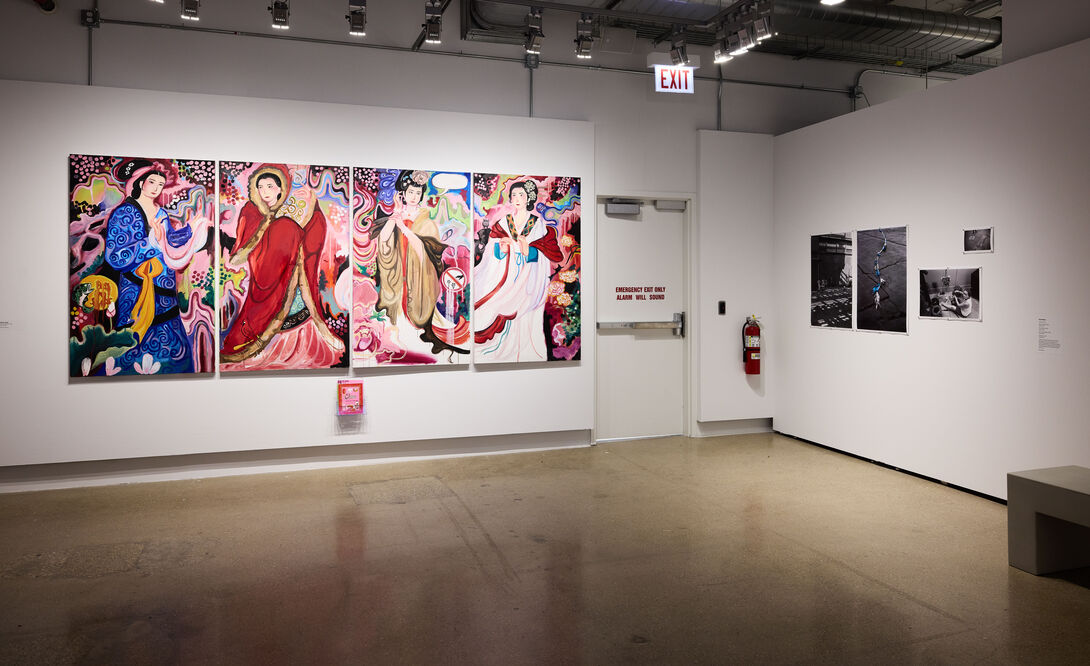 Four vertical paintings hanging next to each other featuring women in different poses.