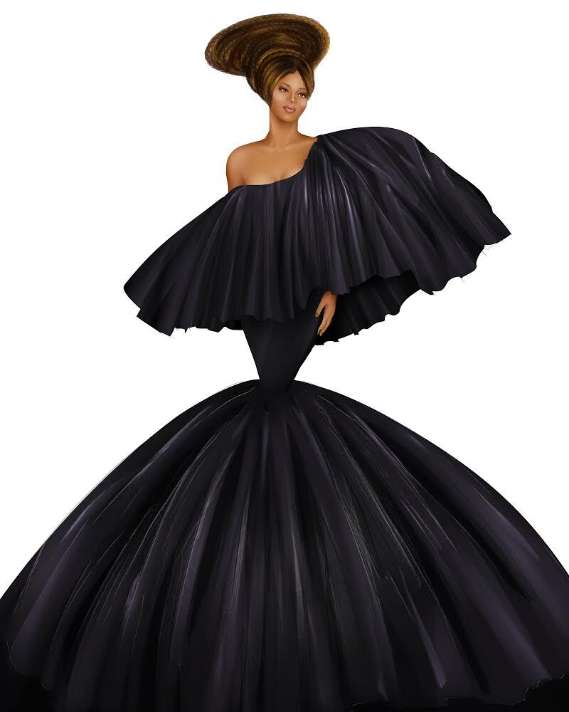 Drawing of Beyonce wearing a custom Timothy White Gown