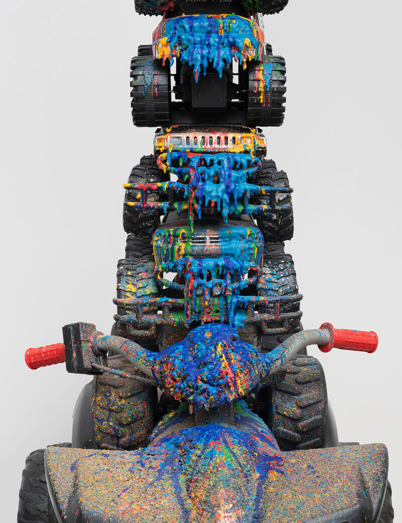 Benjamin Larose, “Drippings," 2018, paint, steel, toy trucks, wax. Photo: James Prinz