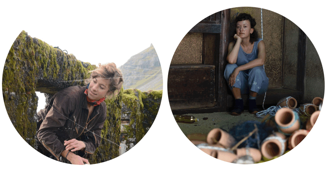 Circular photos of two women; one leaning below a mossy doorframe and the other squatting around terracotta pots wrapped with rope